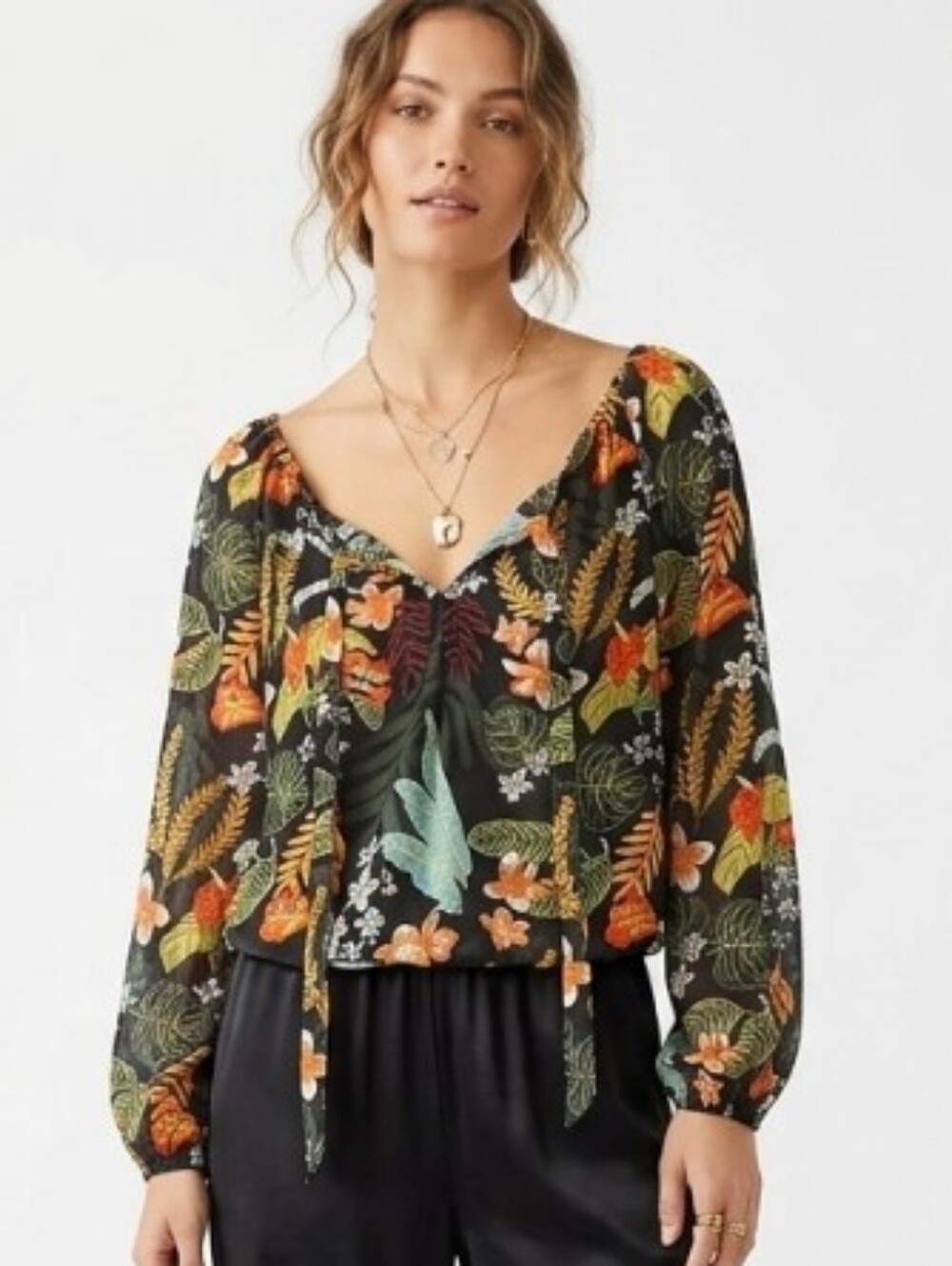 Bold Floral Tropical Blouse With Tie Neckline
